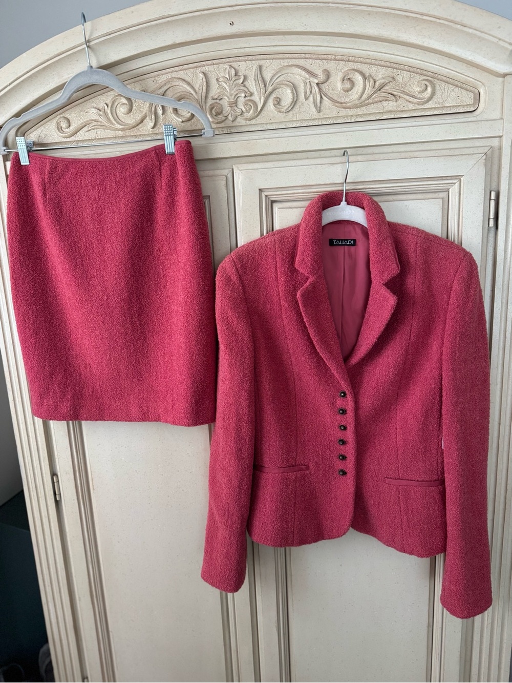 Tahari Rose Pink Bouclé Blazer and Skirt Set